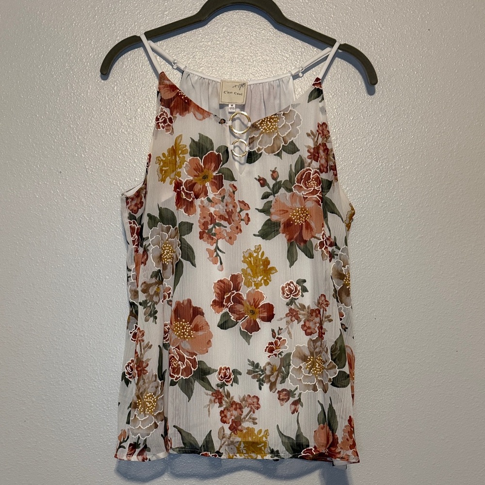 White Floral Ring-Front Tank Top